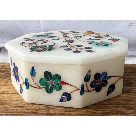 Marquetry Malachite Lapis Floral Hakik Marble Jewelry Box with Handmade Inlay - Picture 7 of 10